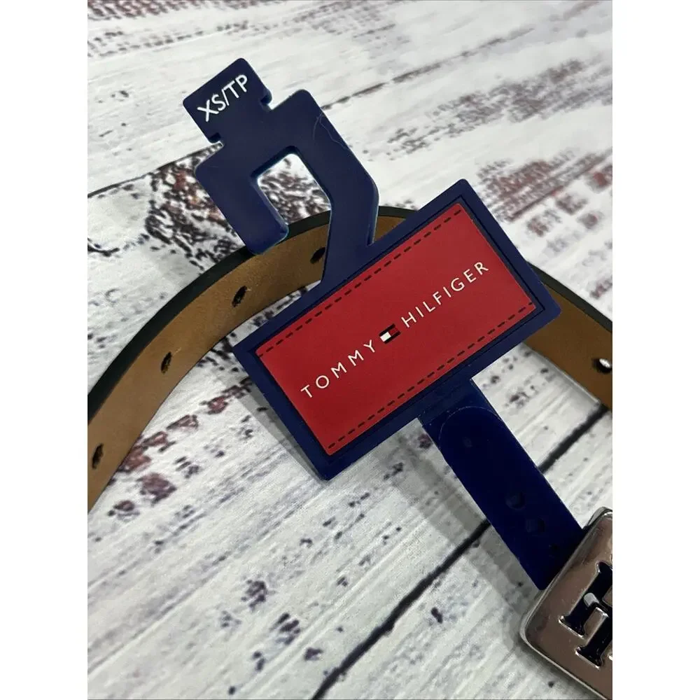 Tommy Hilfiger Womens Black Synthetic Leather‎ Silver Logo Buckle Dress Belt XS